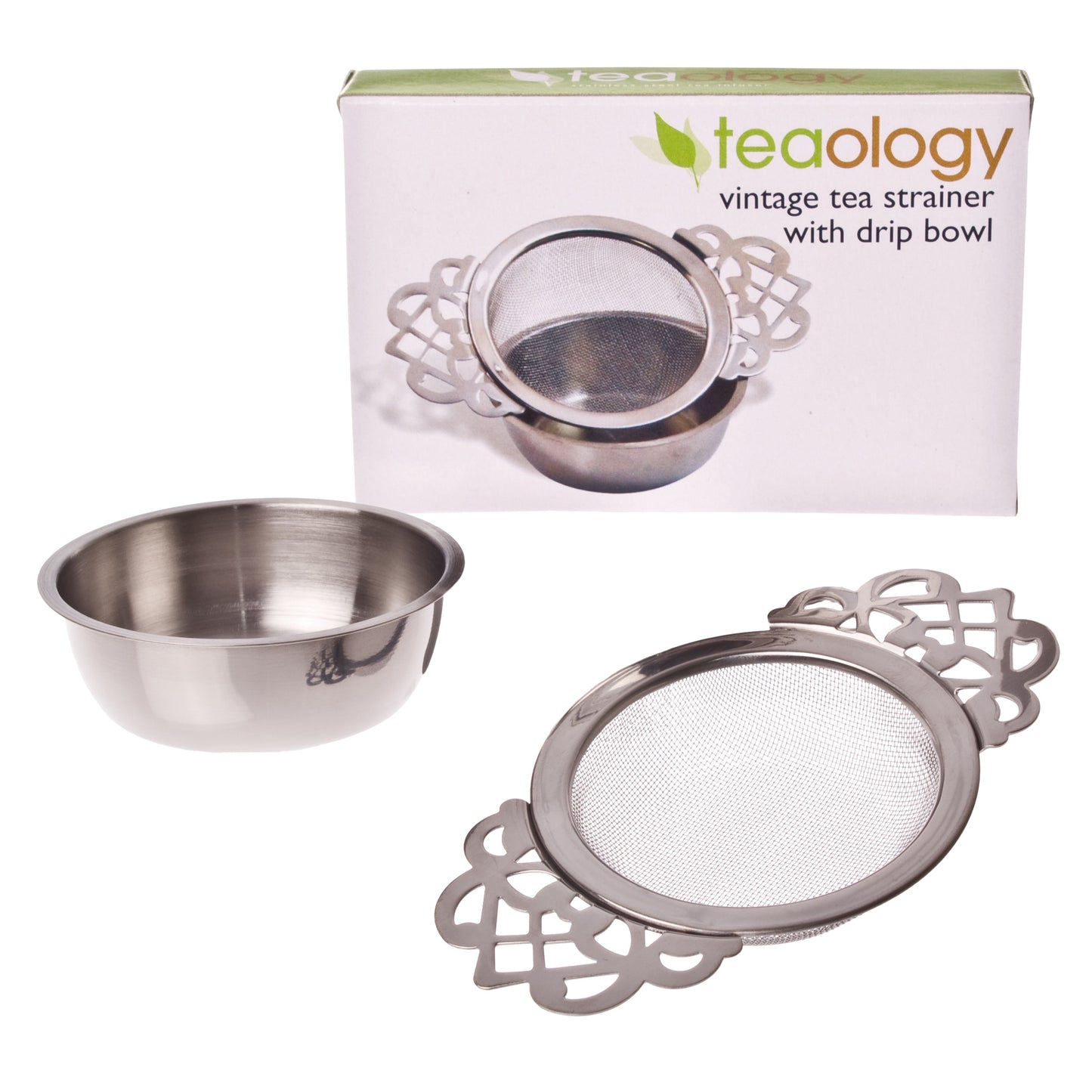 Teaology Vintage Tea Strainer With Drip Bowl – Stainless Steel #3369